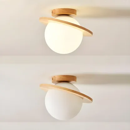 Circular Glass Ball Natural Wood Semi Flush Ceiling Light Image - 6