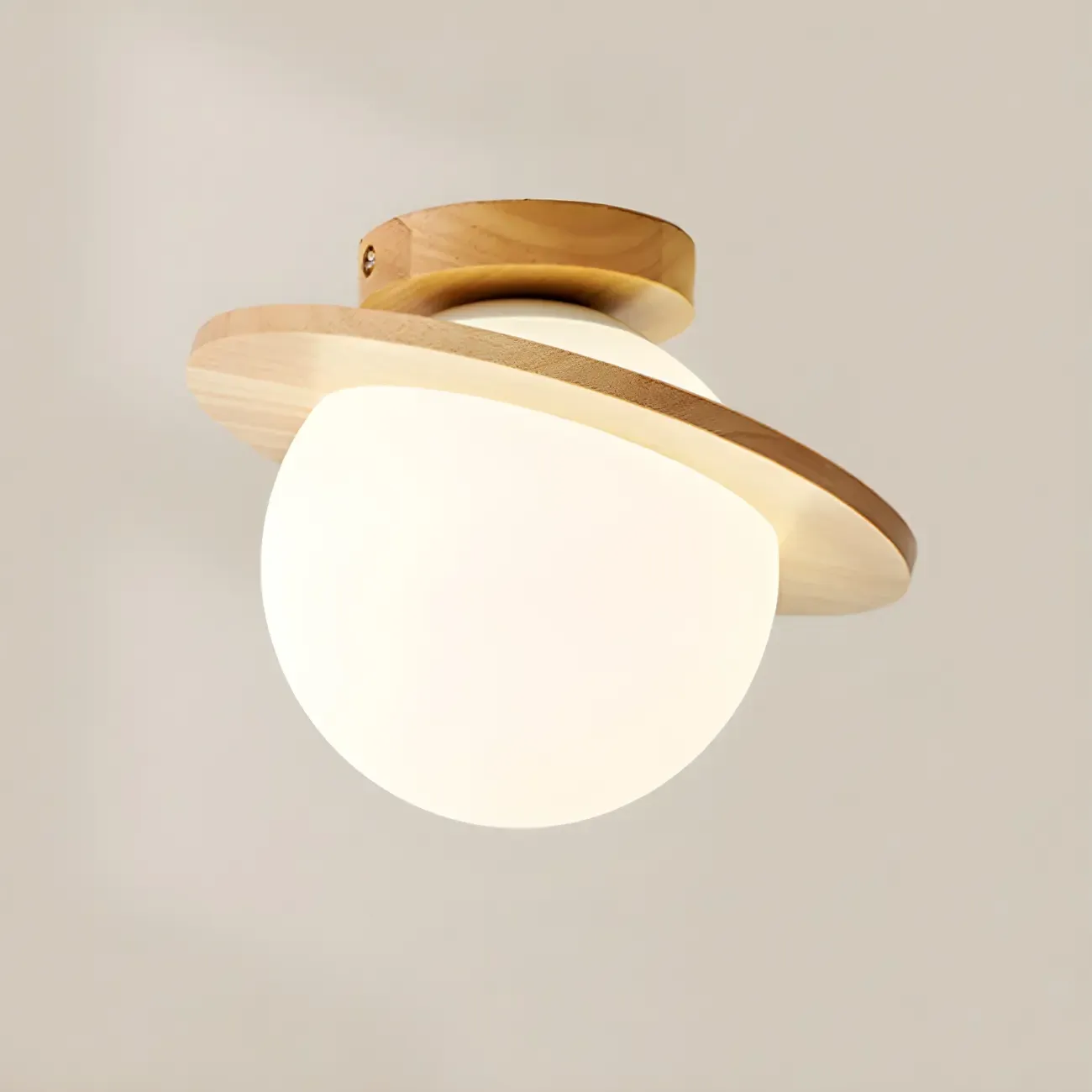 Circular Glass Ball Natural Wood Semi Flush Ceiling Light Image - 7