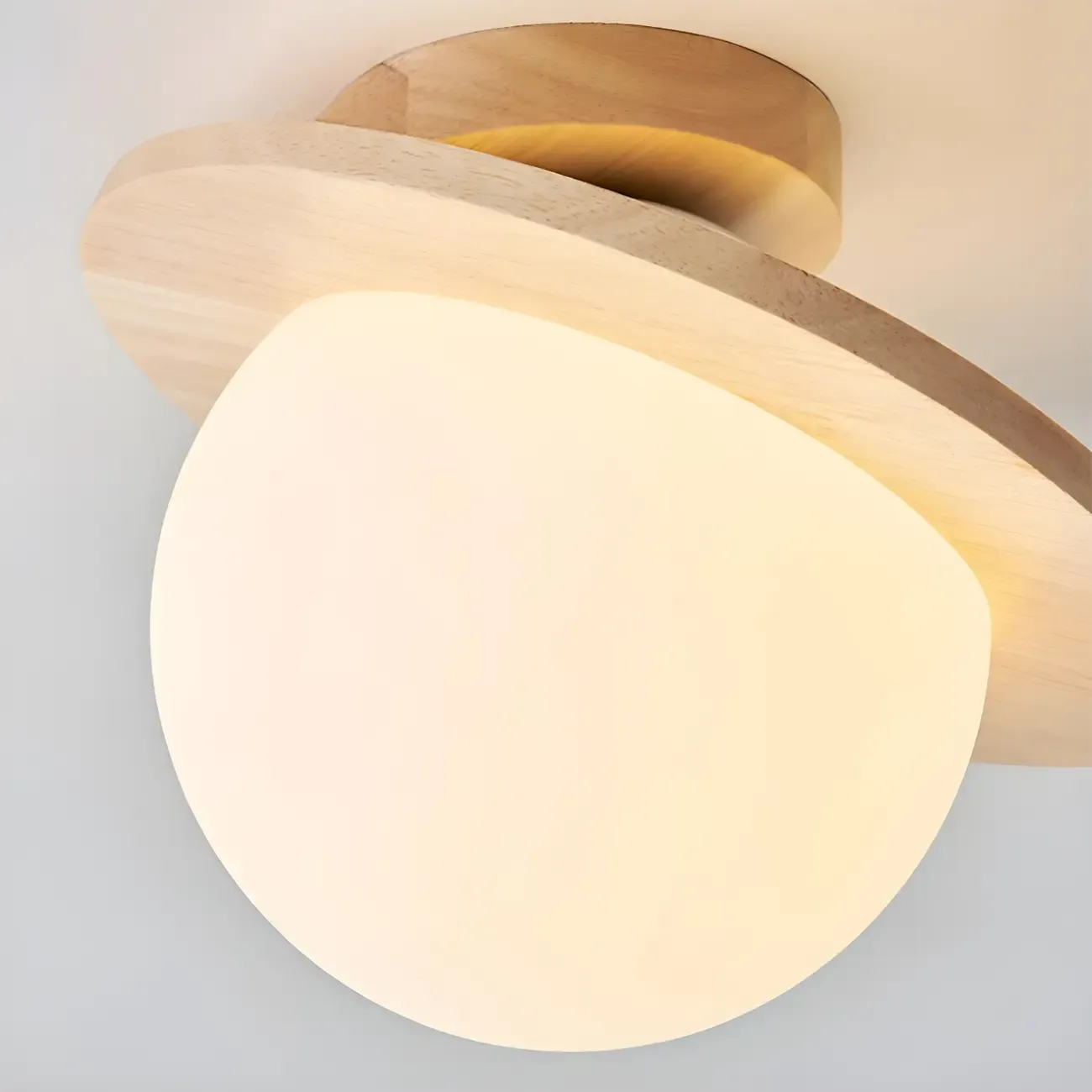 Circular Glass Ball Natural Wood Semi Flush Ceiling Light Image - 9