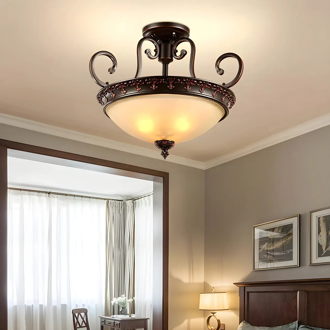 Frosted Glass Brown 3-Light Barn Semi Flush Ceiling Light Image - 1 | homeyfad