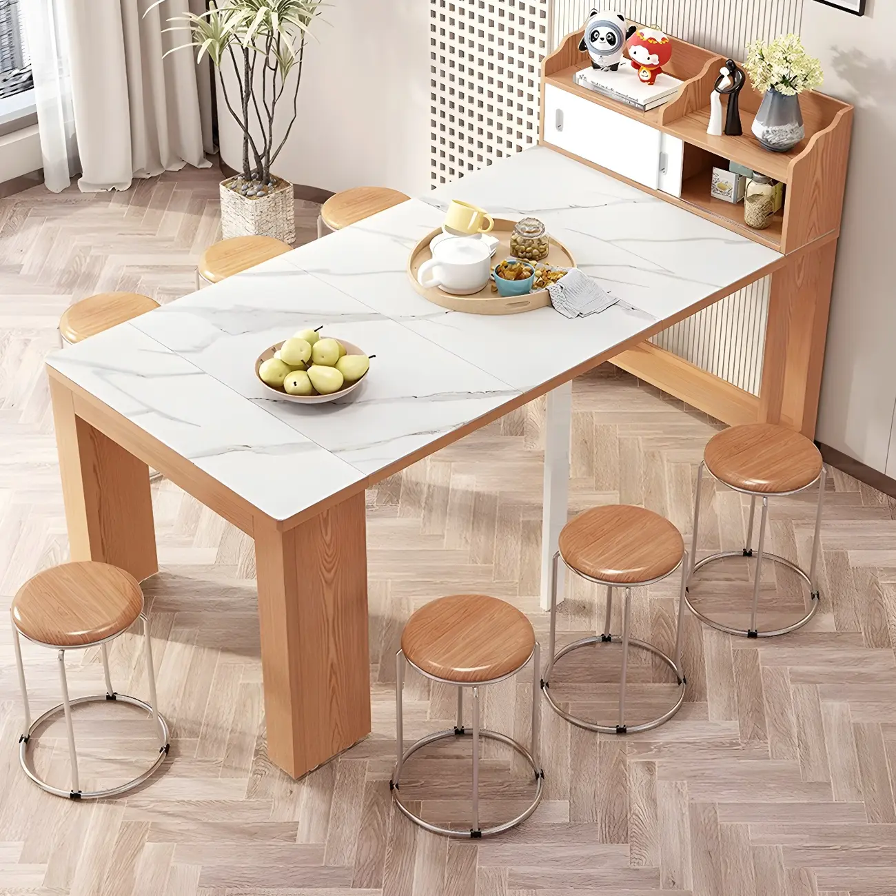 Natural Poplar Wood Rectangle Storage Extendable Dining Table Image - 1 | homeyfad