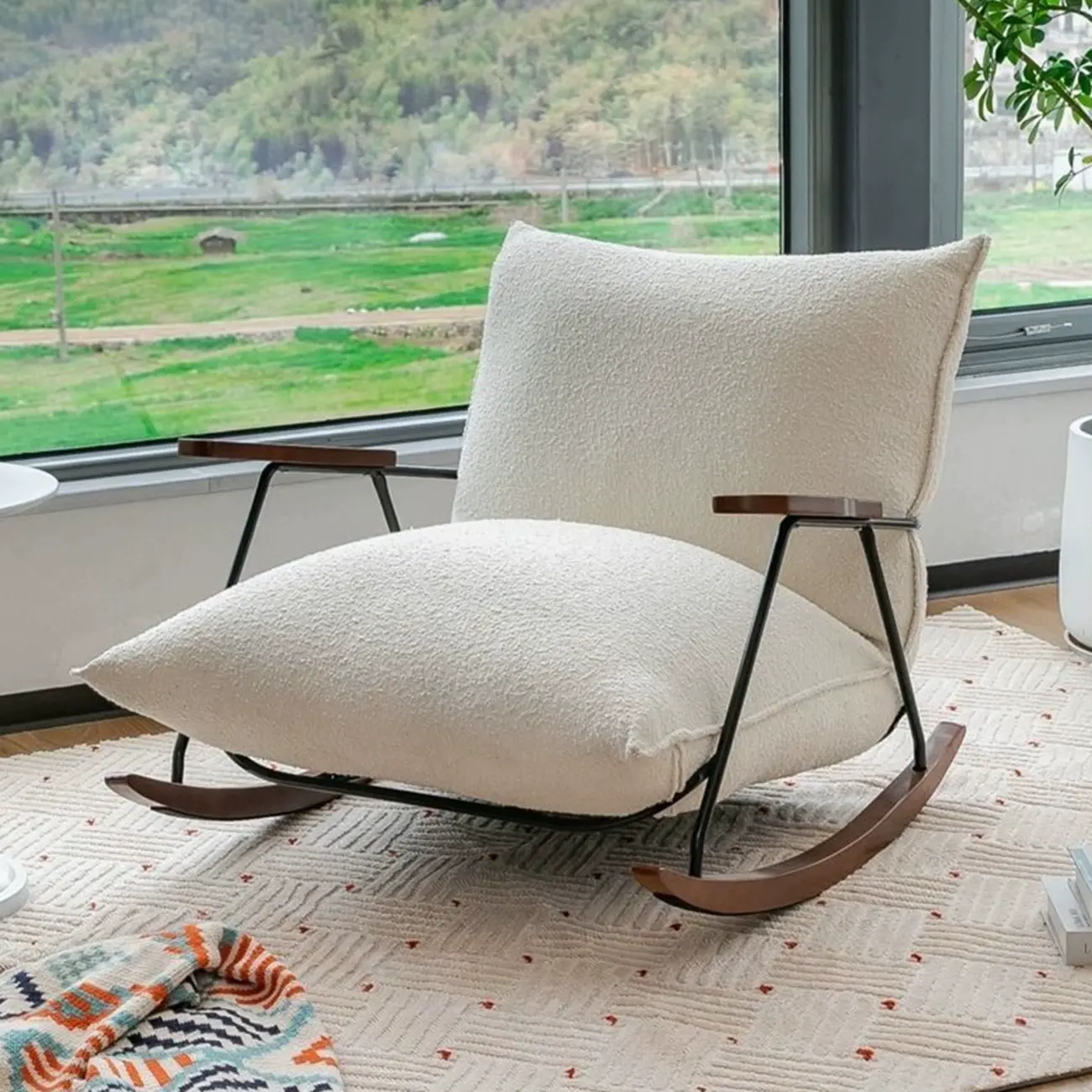 Modern Faux Mink Fleece Upholstered Metal Frame Rocking Chair Image - 6 | homeyfad