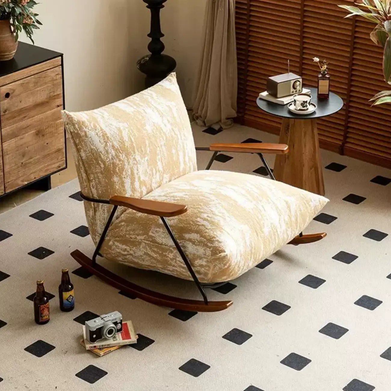 Modern Faux Mink Fleece Upholstered Metal Frame Rocking Chair Image - 8 | homeyfad