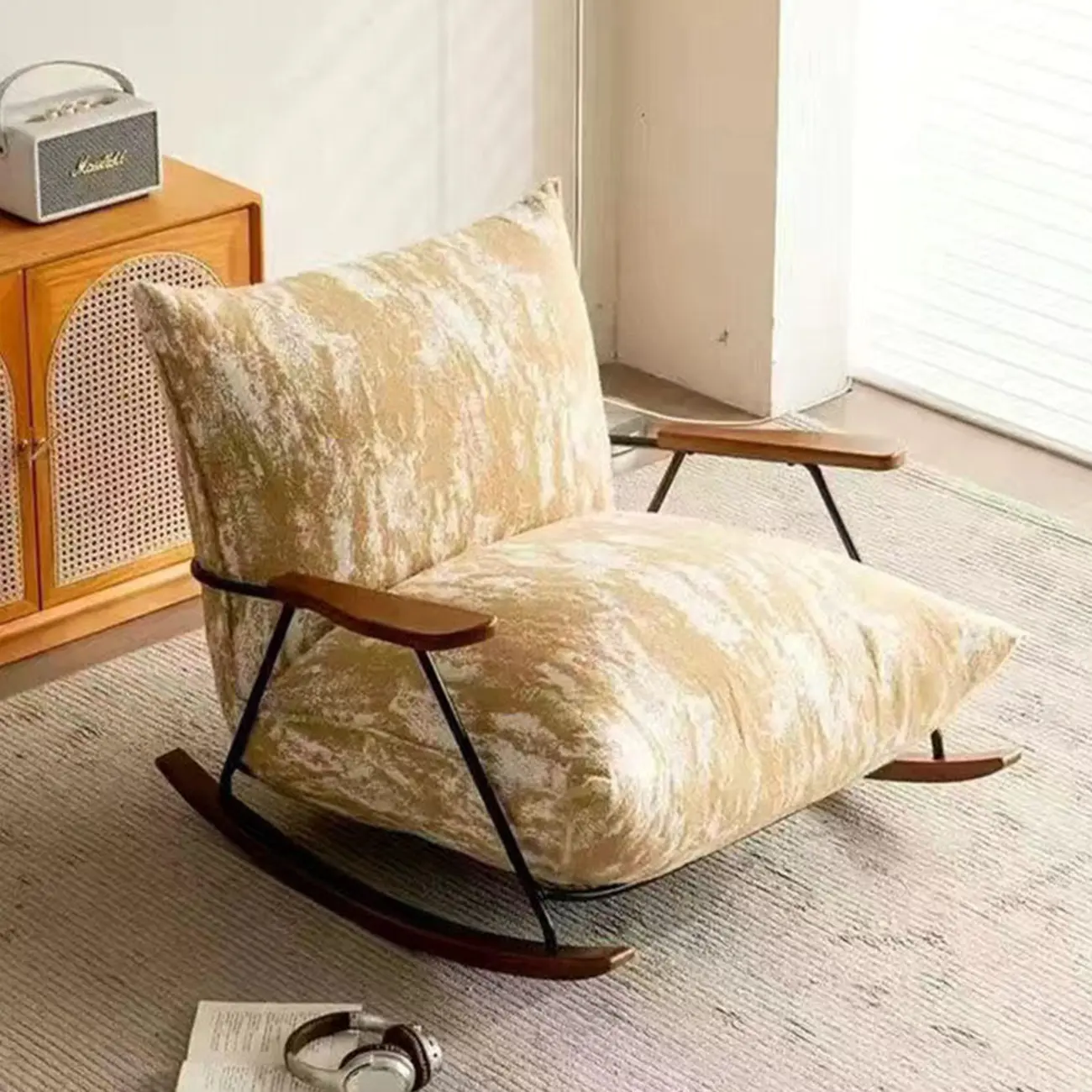 Modern Faux Mink Fleece Upholstered Metal Frame Rocking Chair Image - 9 | homeyfad