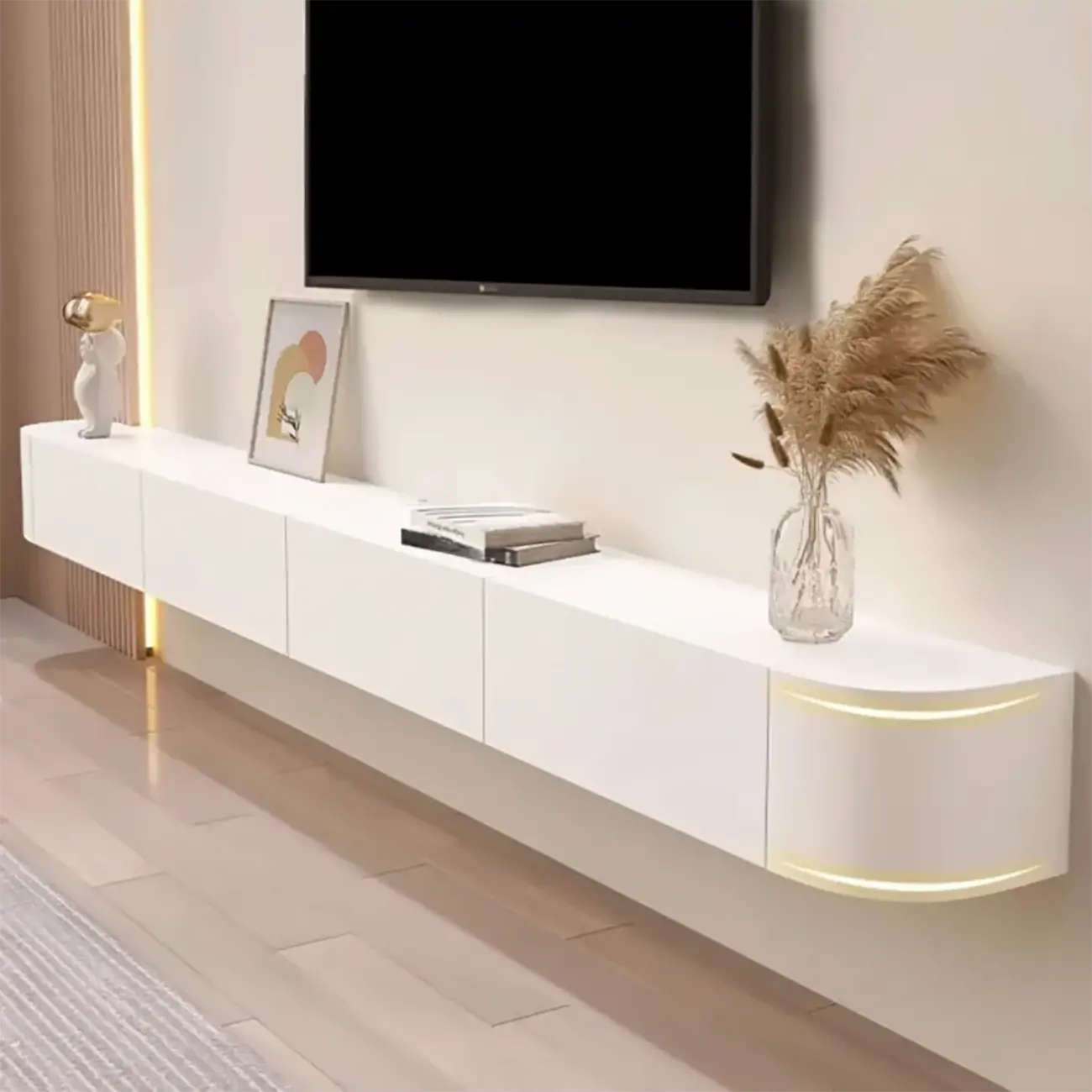 55" White Rubberwood Floating TV Stand with Cable Management Image - 2 | homeyfad