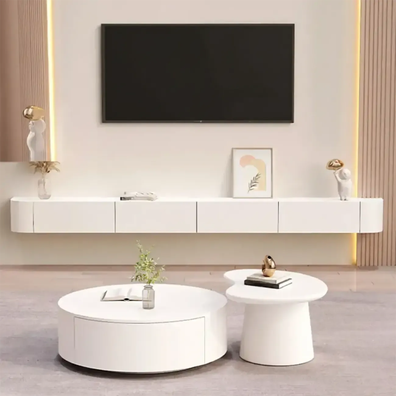 55" White Rubberwood Floating TV Stand with Cable Management Image - 1