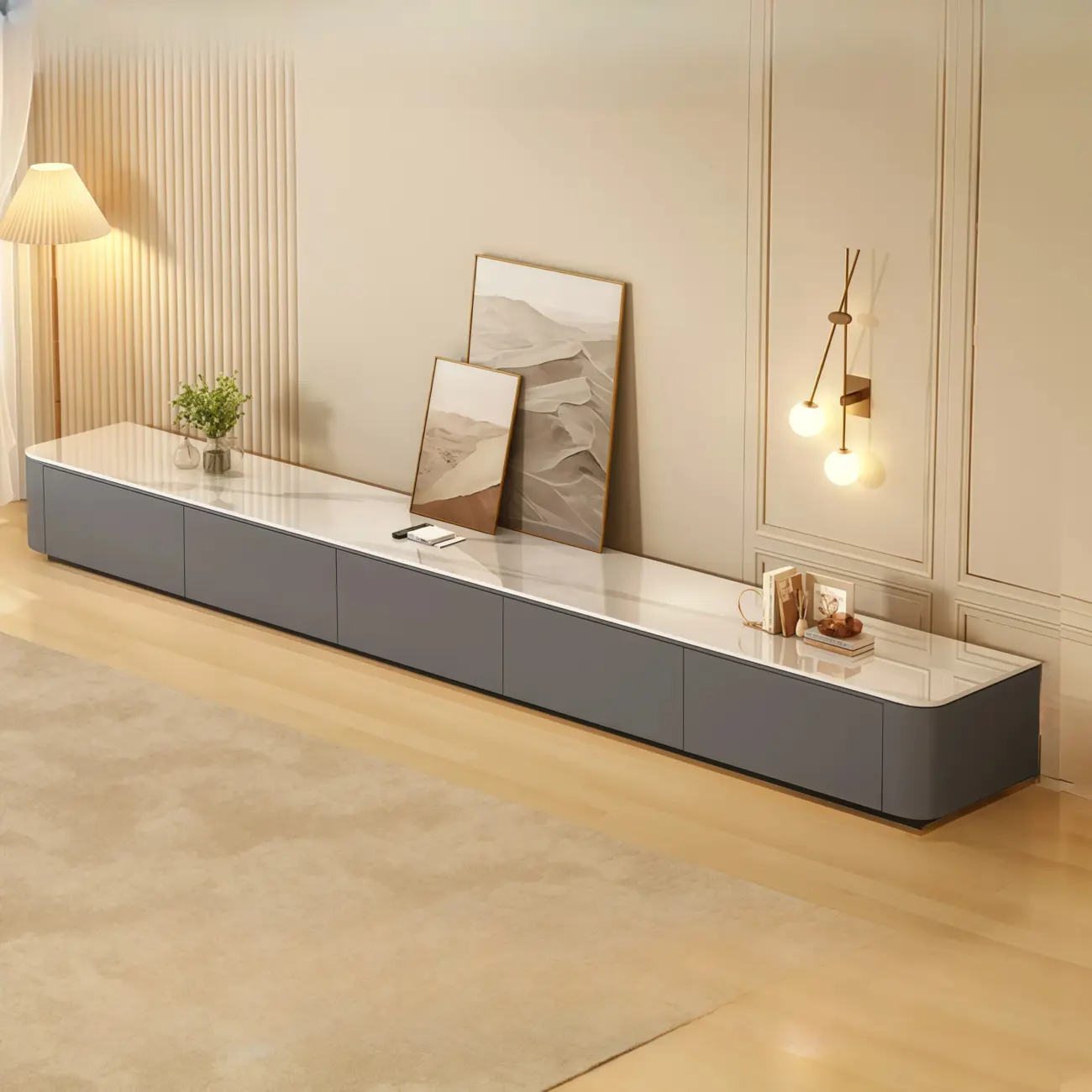 63" Sintered Stone Top Long TV Stand with Cable Management Image - 12 | homeyfad