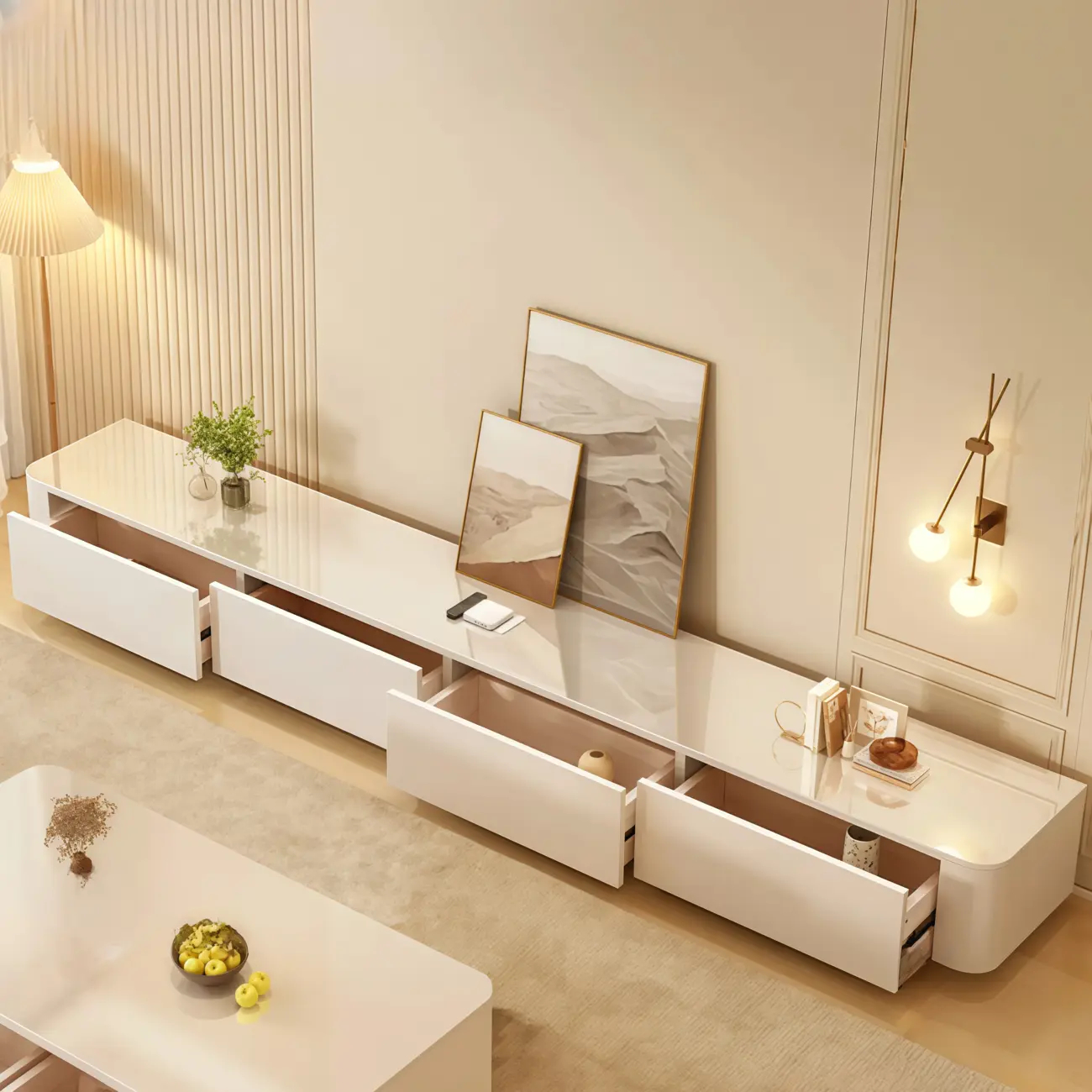 63" Sintered Stone Top Long TV Stand with Cable Management Image - 3 | homeyfad