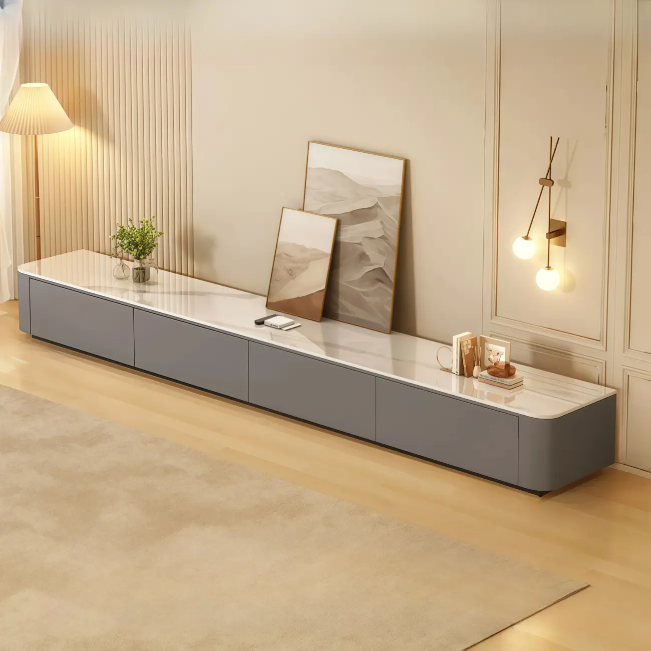 63" Sintered Stone Top Long TV Stand with Cable Management Image - 16 | homeyfad