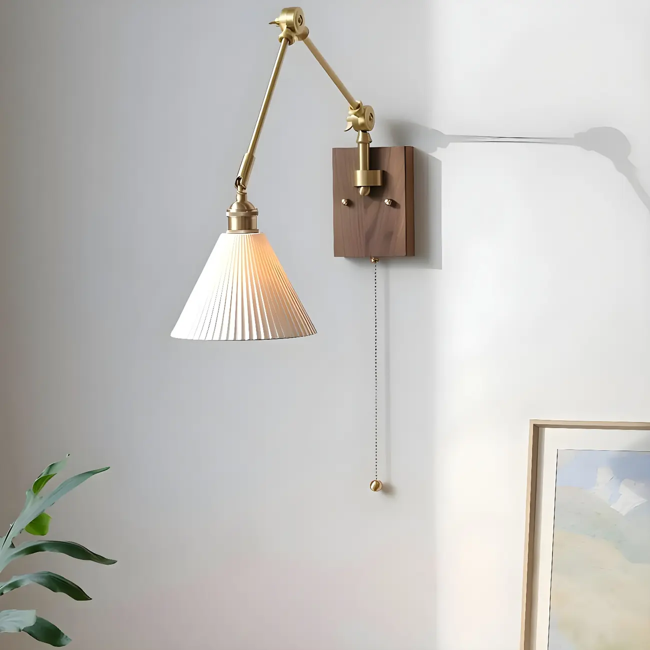 Antique Brass Swing Arm Wall Light with White Ceramics Shade Image - 3 | homeyfad