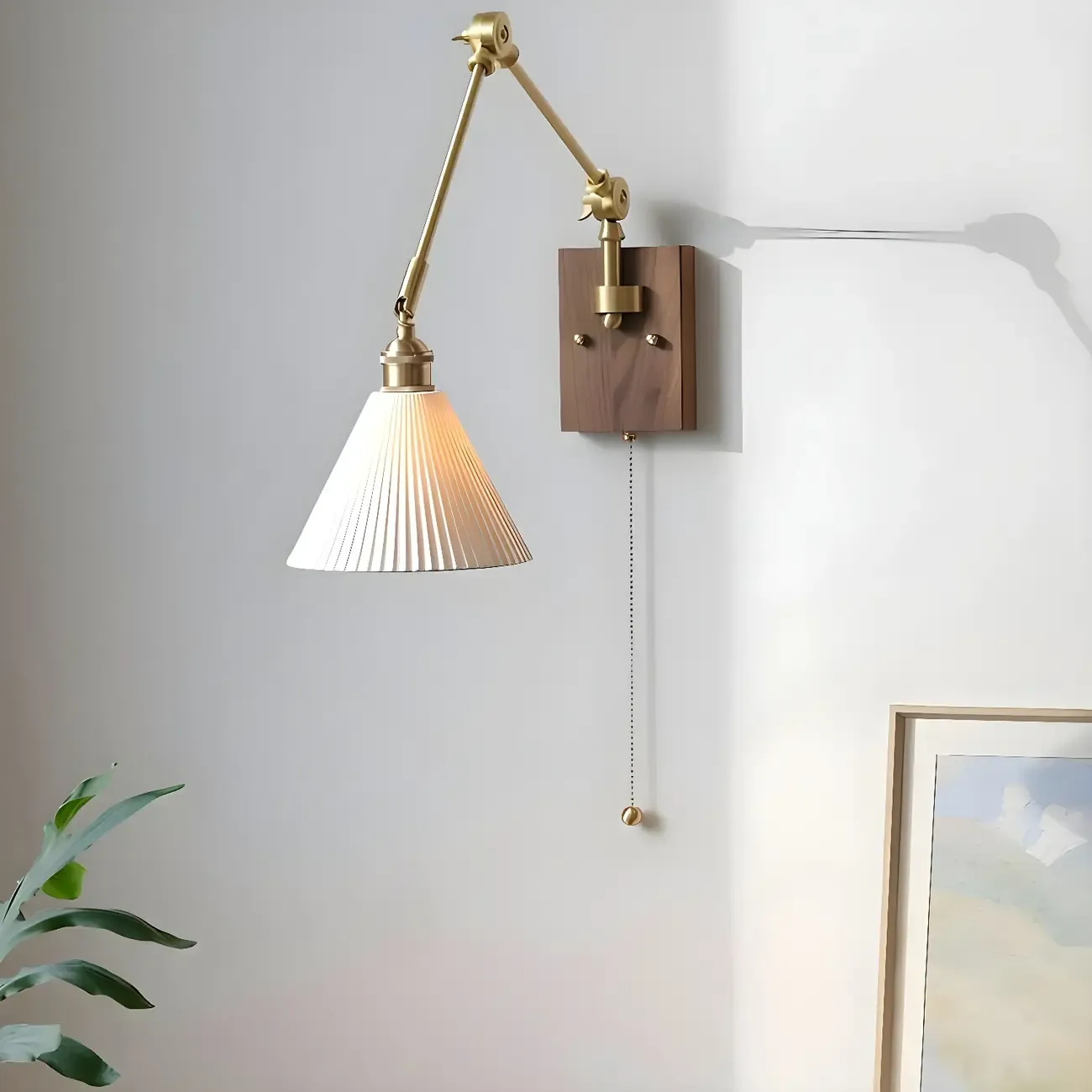 Antique Brass Swing Arm Wall Light with White Ceramics Shade Image - 3