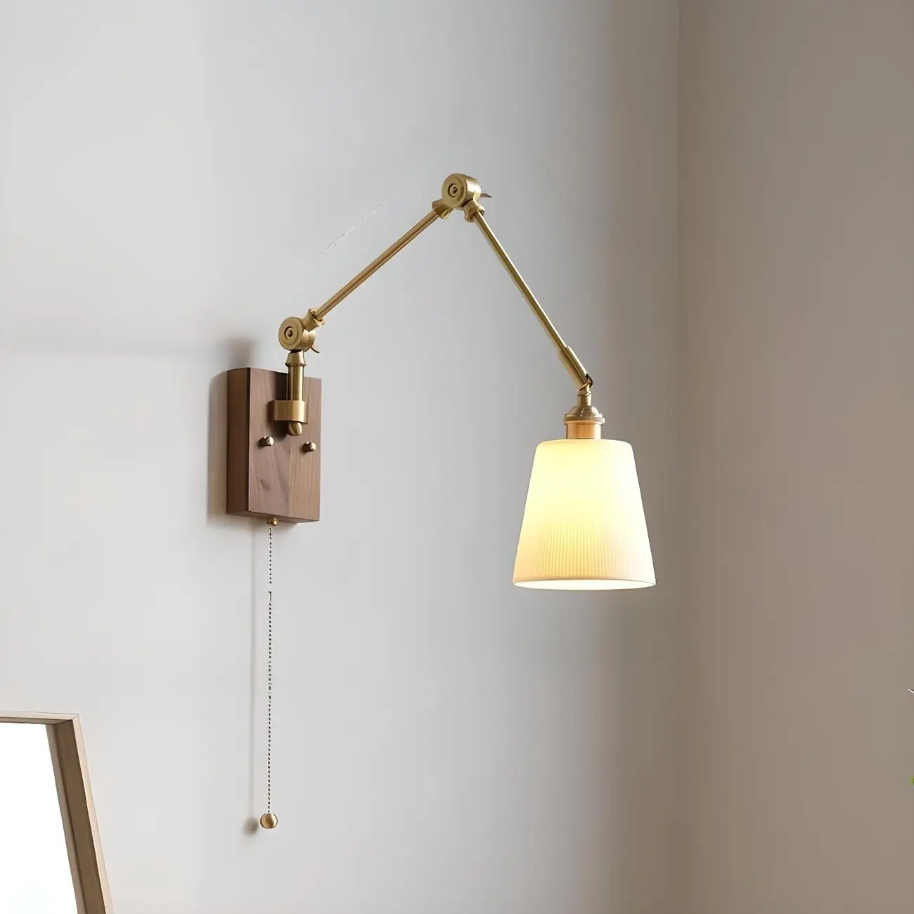 Antique Brass Swing Arm Wall Light with White Ceramics Shade Image - 1 | homeyfad