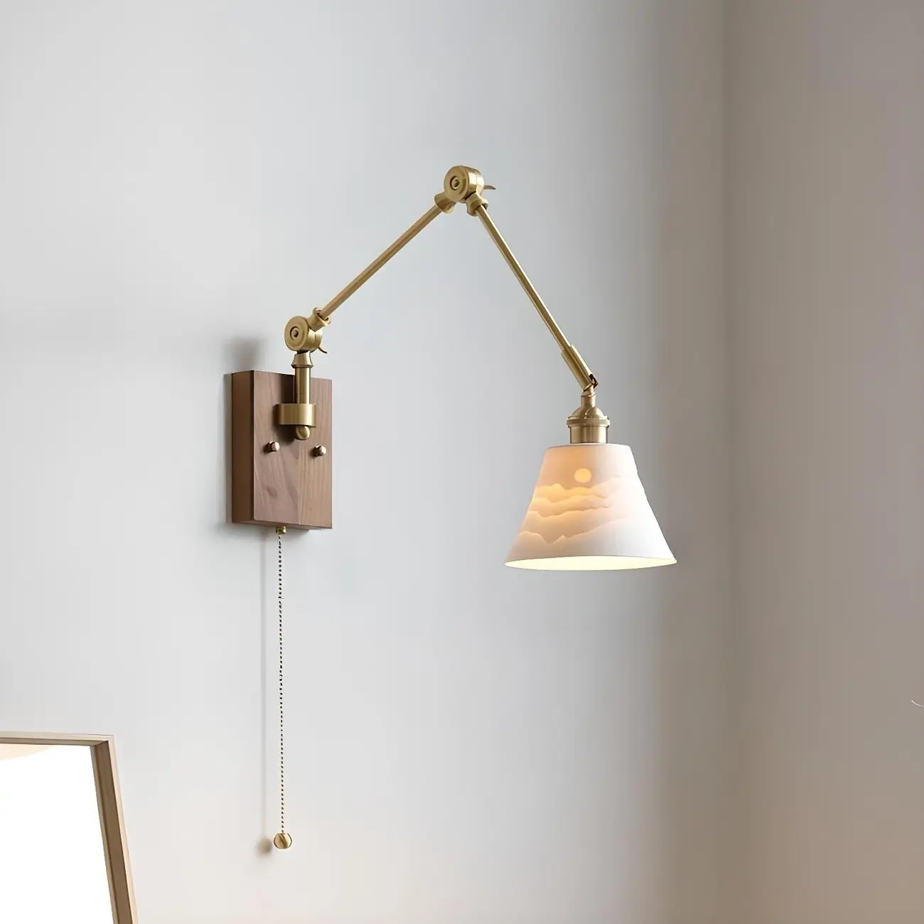Antique Brass Swing Arm Wall Light with White Ceramics Shade Image - 2 | homeyfad