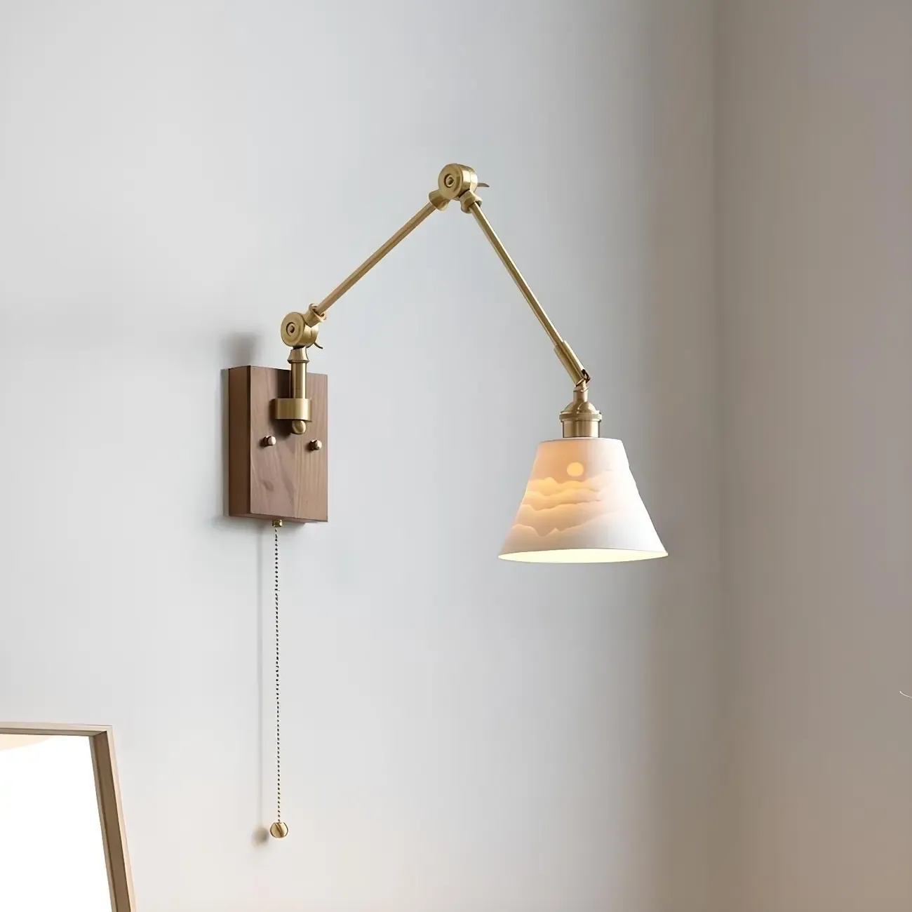 Antique Brass Swing Arm Wall Light with White Ceramics Shade | HomeyFad