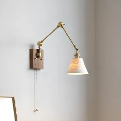 Antique Brass Swing Arm Wall Light with White Ceramics Shade Image - 2