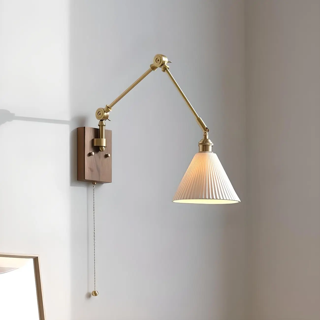 Antique Brass Swing Arm Wall Light with White Ceramics Shade Image - 4 | homeyfad