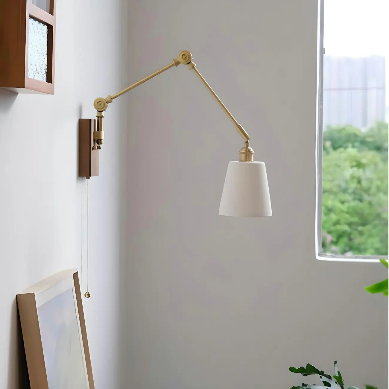 Antique Brass Swing Arm Wall Light with White Ceramics Shade Image - 6 | homeyfad