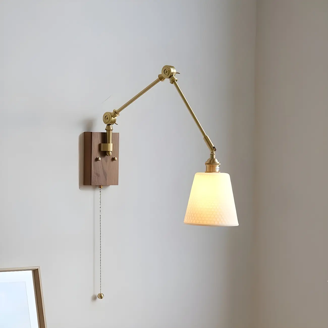 Antique Brass Swing Arm Wall Light with White Ceramics Shade Image - 7 | homeyfad