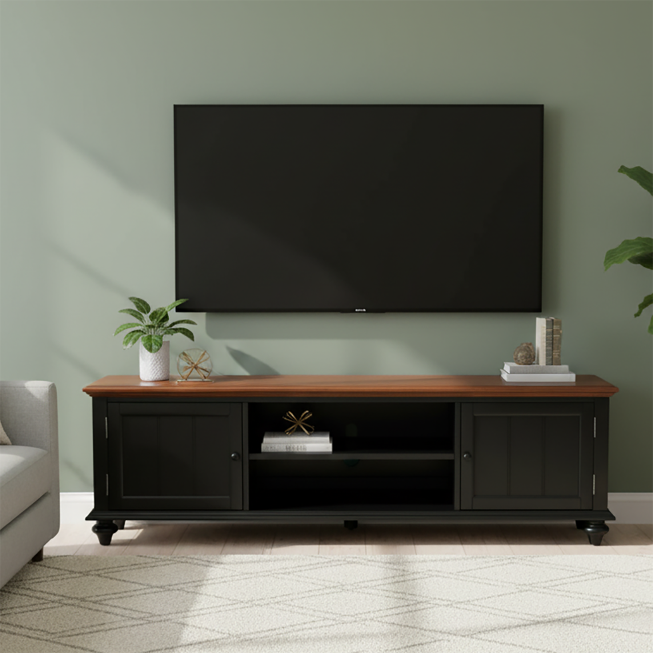 Traditional RubberWood TV Stand with Open Storage and Shelves Image - 1 | homeyfad