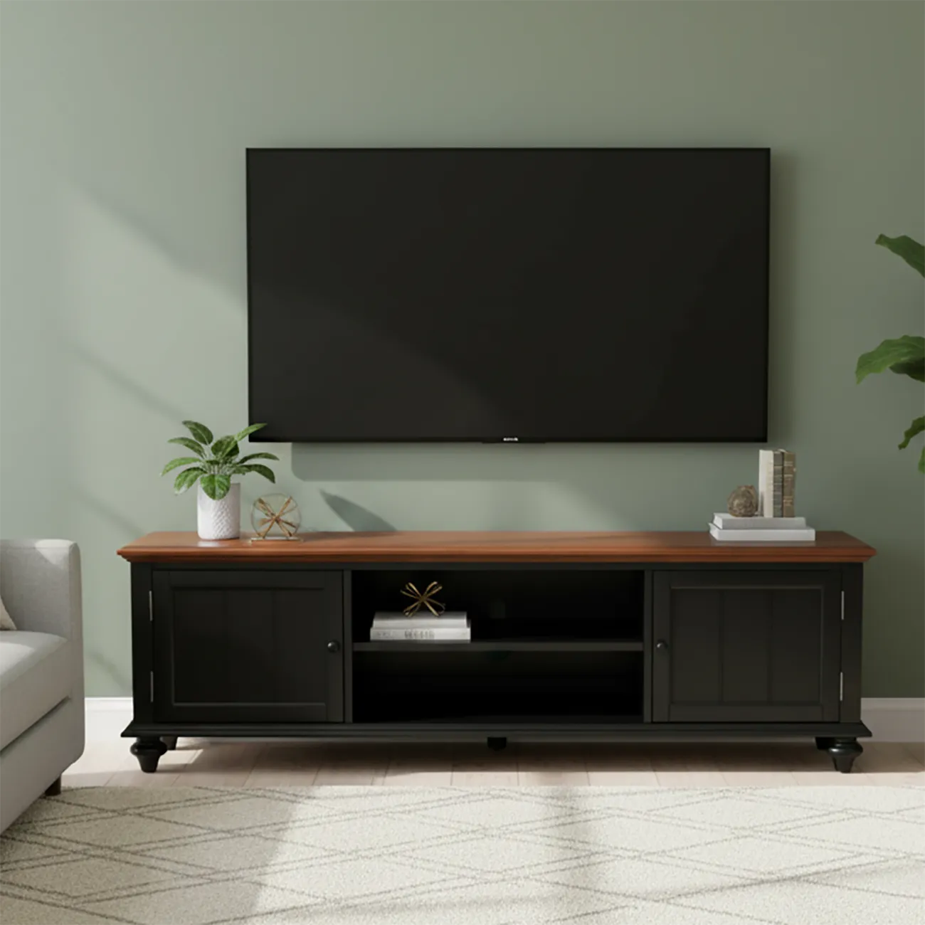 Traditional RubberWood TV Stand with Open Storage and Shelves Image - 1