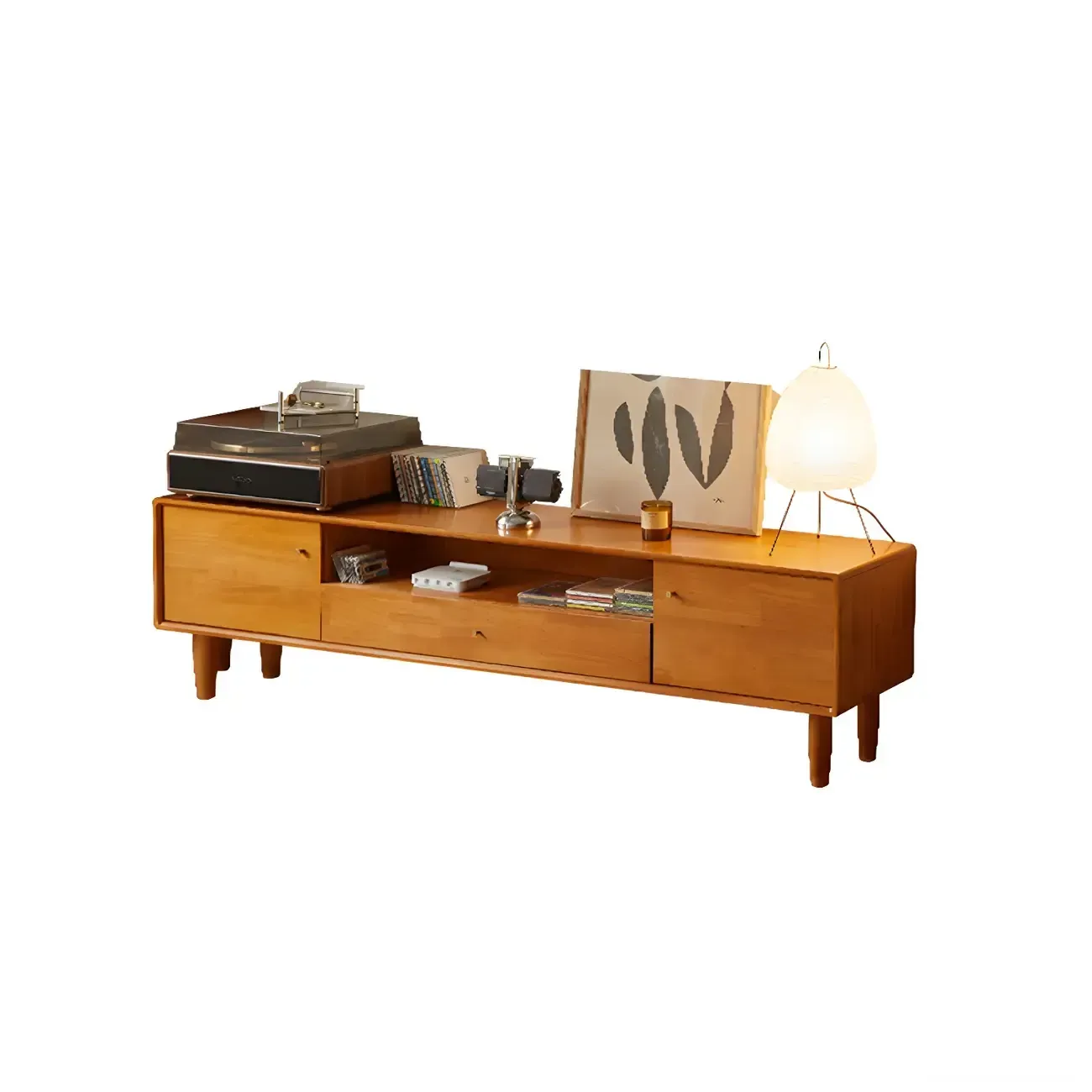 Scandinavian Brown Wooden TV Stand with Drawers Image - 3
