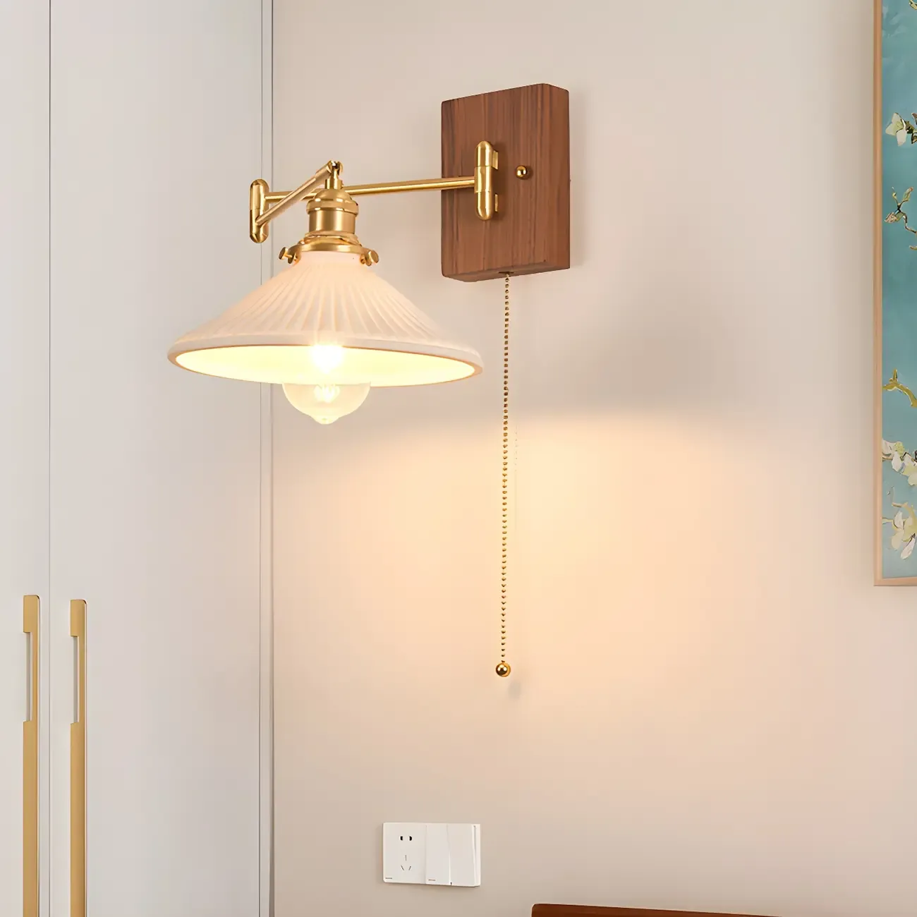 Elegant Pleated Swing Arm Wall Mount Light for Bedside Use
