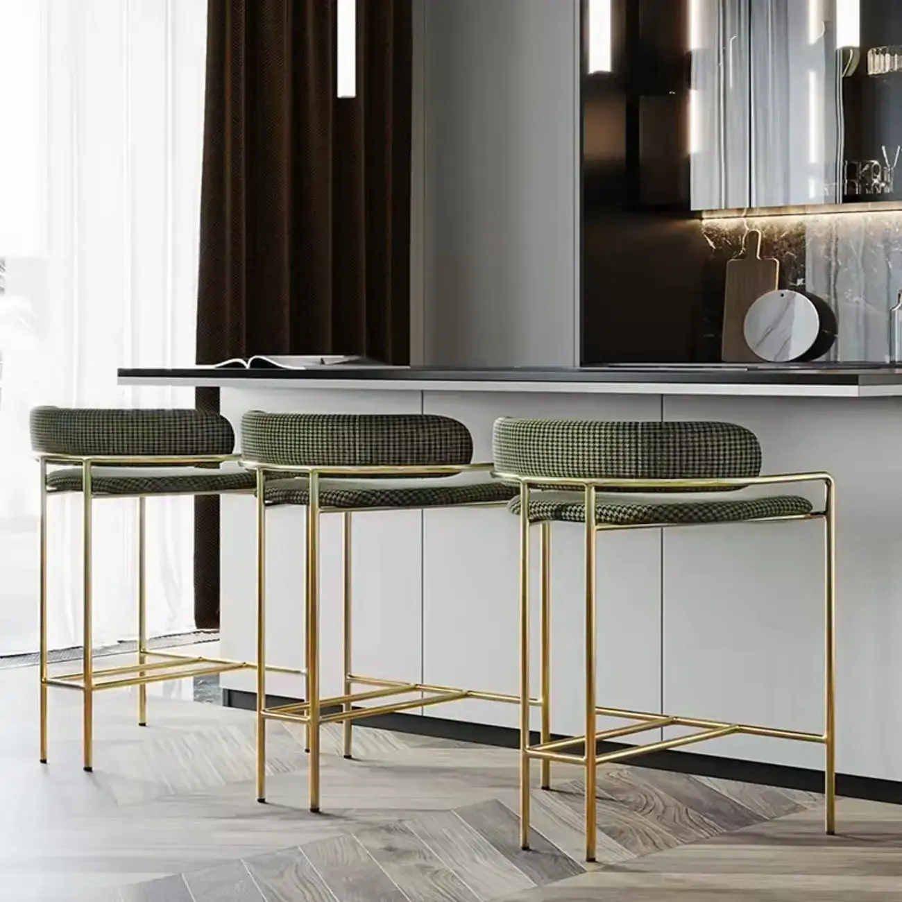 Art Deco Gold Green Cotton Upholstered Bar Stool Image - 1 | homeyfad