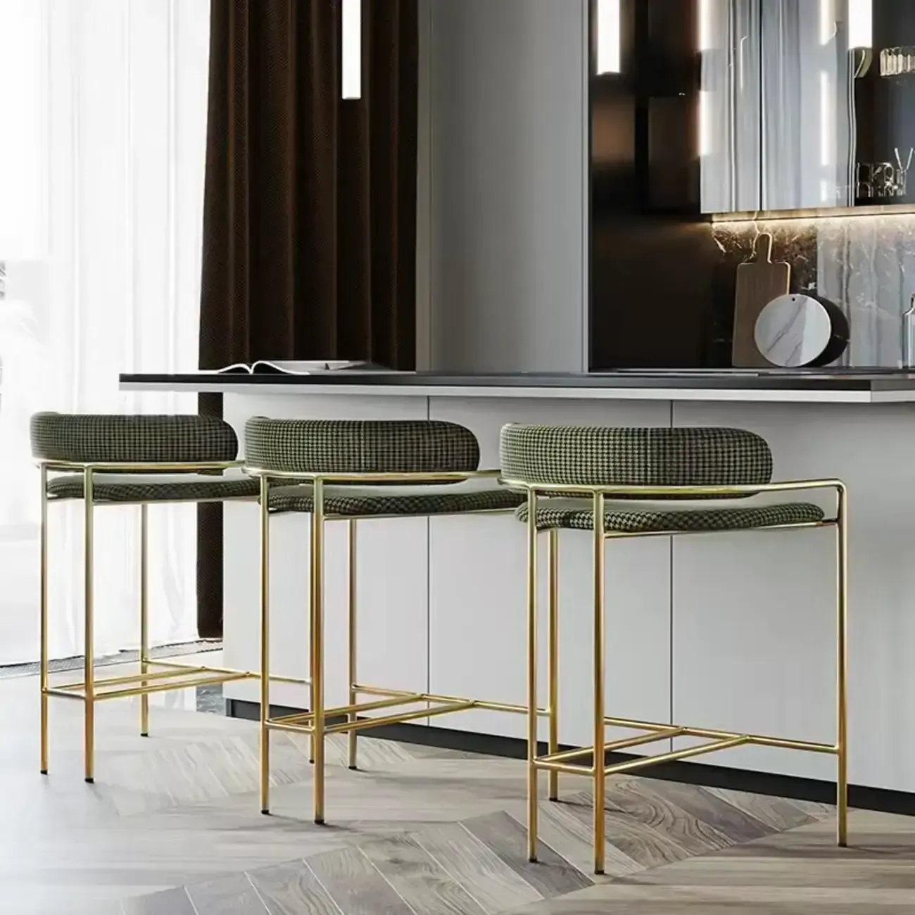 Art Deco Gold Green Cotton Upholstered Bar Stool Image - 1