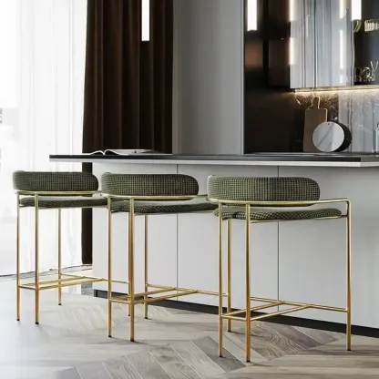 Art Deco Gold Green Cotton Upholstered Bar Stool Image - 1