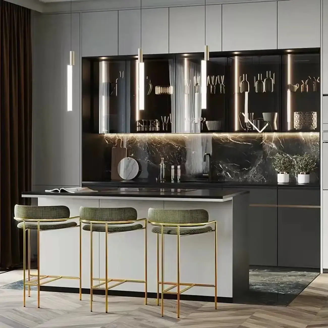 Art Deco Gold Green Cotton Upholstered Bar Stool Image - 2 | homeyfad