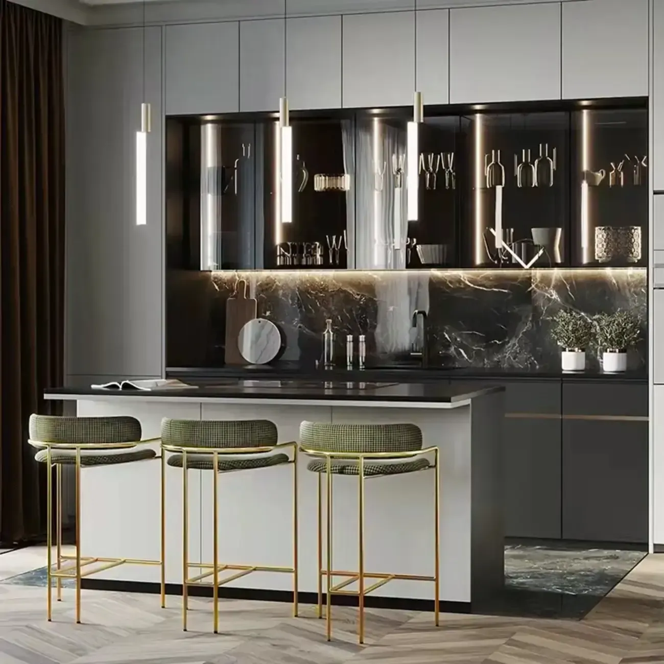 Art Deco Gold Green Cotton Upholstered Bar Stool Image - 2