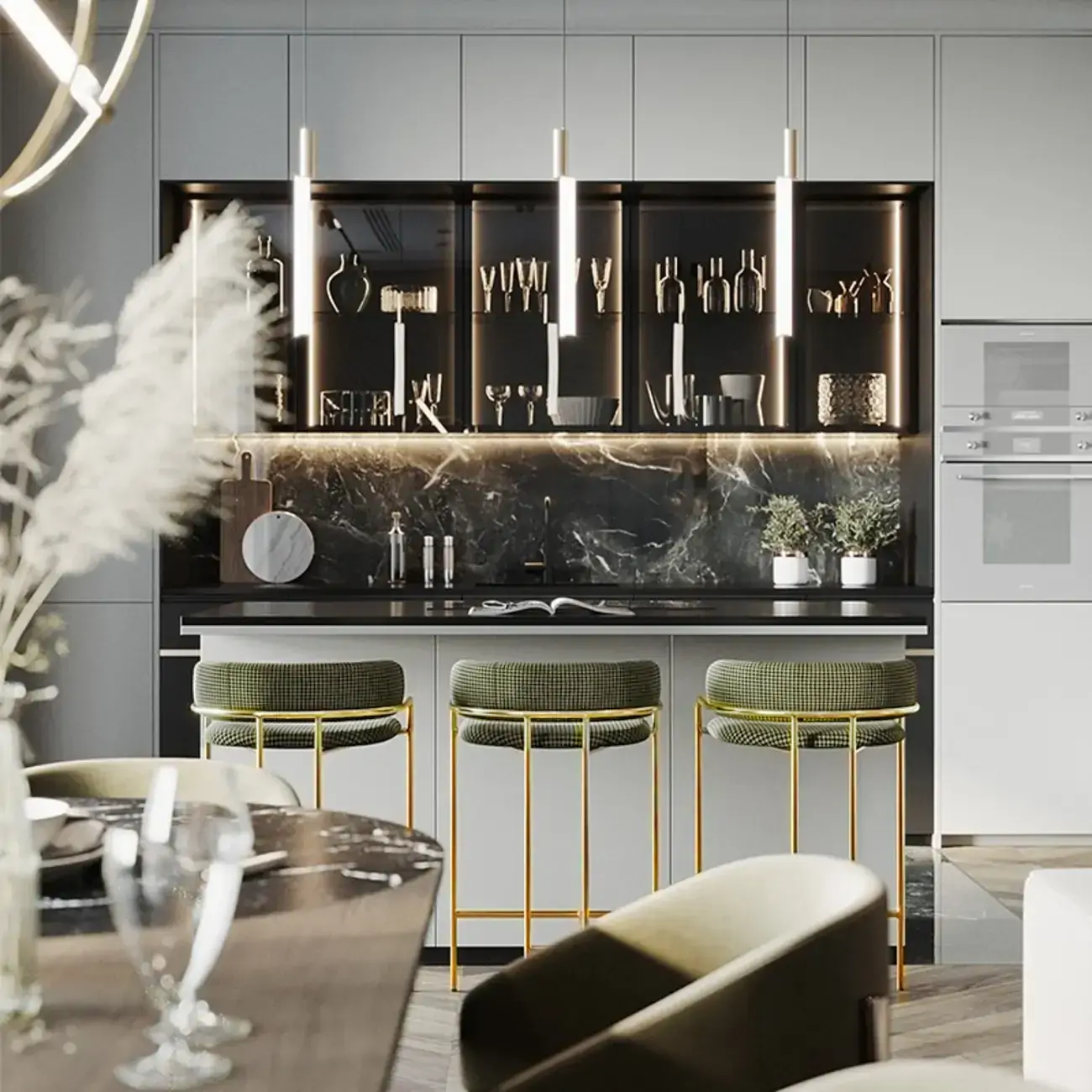 Art Deco Gold Green Cotton Upholstered Bar Stool Image - 3 | homeyfad