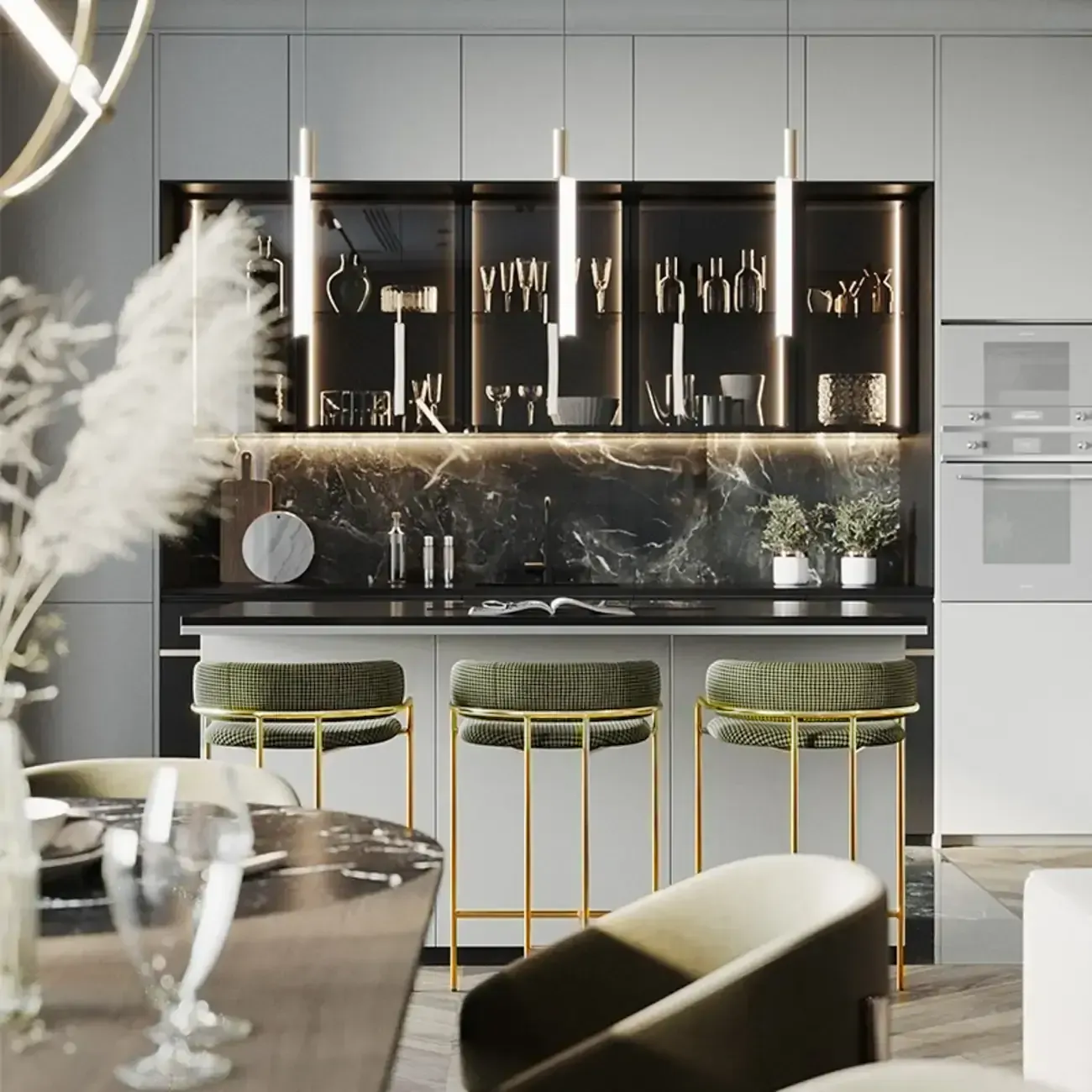 Art Deco Gold Green Cotton Upholstered Bar Stool Image - 3