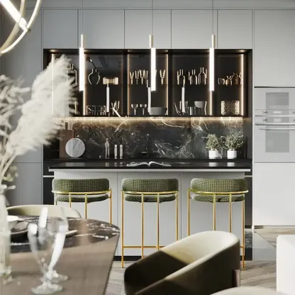 Art Deco Gold Green Cotton Upholstered Bar Stool Image - 3