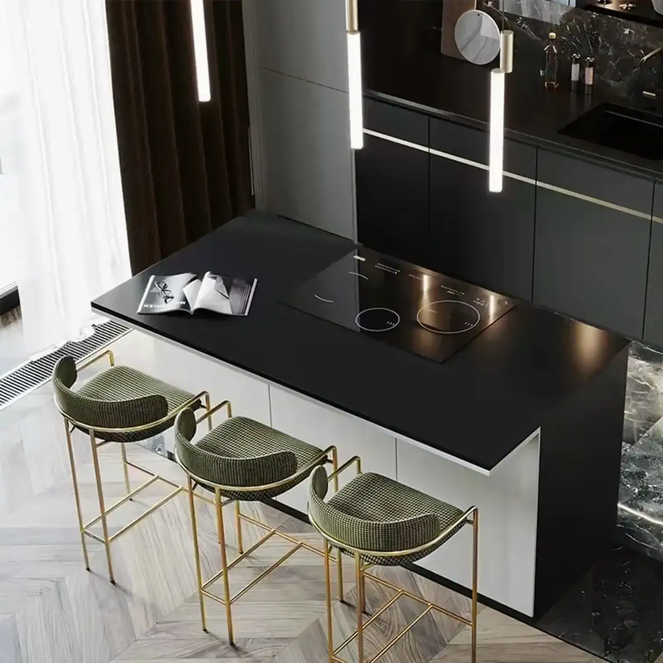 Art Deco Gold Green Cotton Upholstered Bar Stool Image - 4 | homeyfad