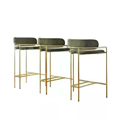 Art Deco Gold Green Cotton Upholstered Bar Stool Image - 5