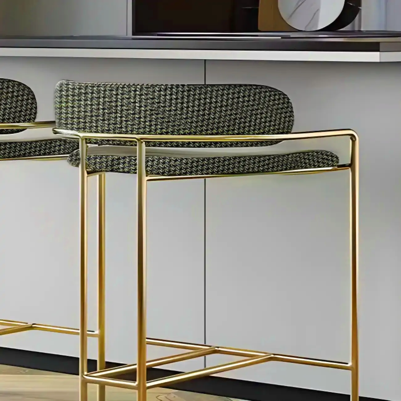 Art Deco Gold Green Cotton Upholstered Bar Stool Image - 6 | homeyfad