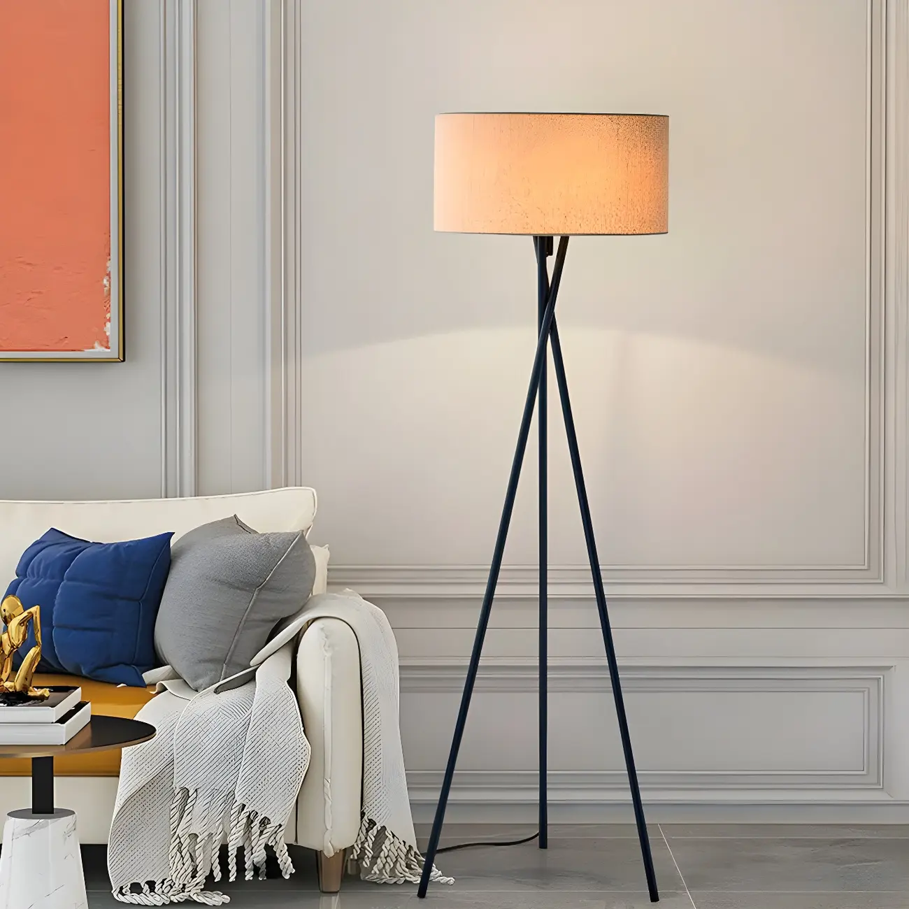 Modern 63" Tripod Black LED Fabric Floor Lamp Drum Shade  Image - 3 | homeyfad