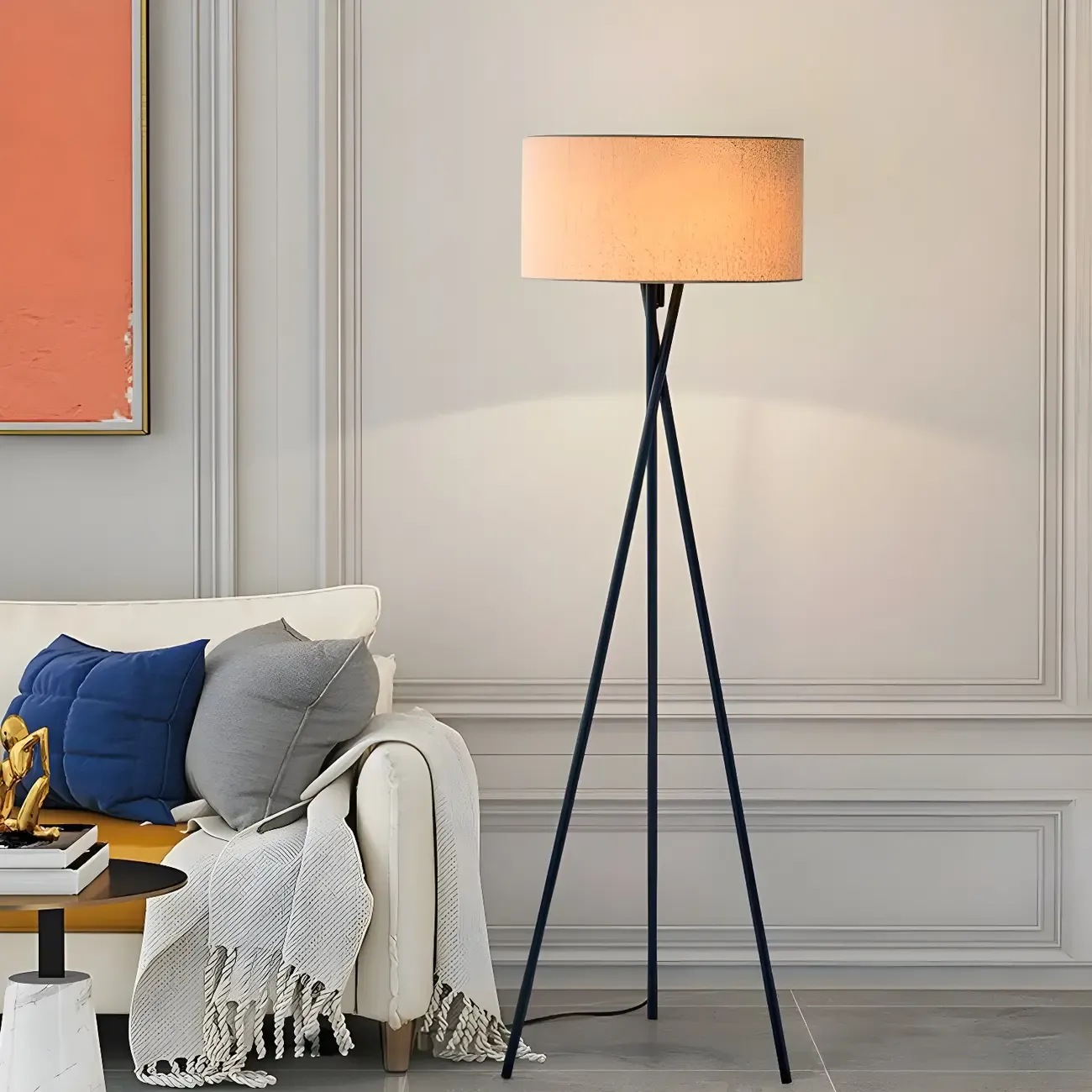 Modern 63" Tripod Black LED Fabric Floor Lamp Drum Shade  Image - 3