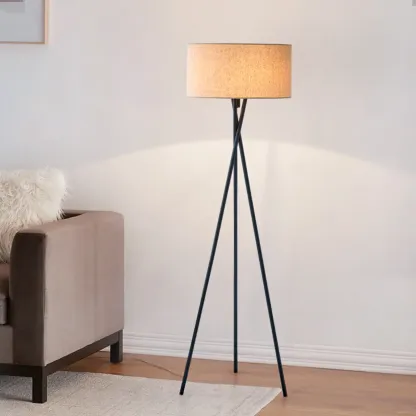 Modern 63" Tripod Black LED Fabric Floor Lamp Drum Shade  Image - 6