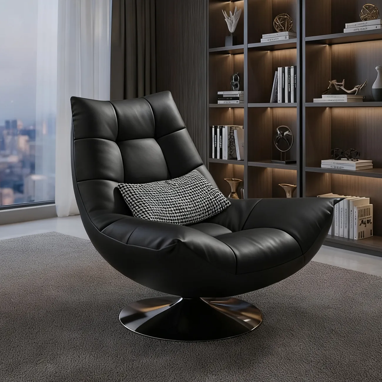 Black Swivel Tufted Leather Accent Chair Pillow Included | HomeyFad
