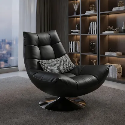 Black Swivel Tufted Leather Accent Chair Pillow Included Image - 1