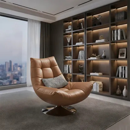 Black Swivel Tufted Leather Accent Chair Pillow Included Image - 5