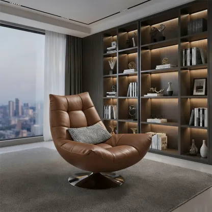 Black Swivel Tufted Leather Accent Chair Pillow Included Image - 2