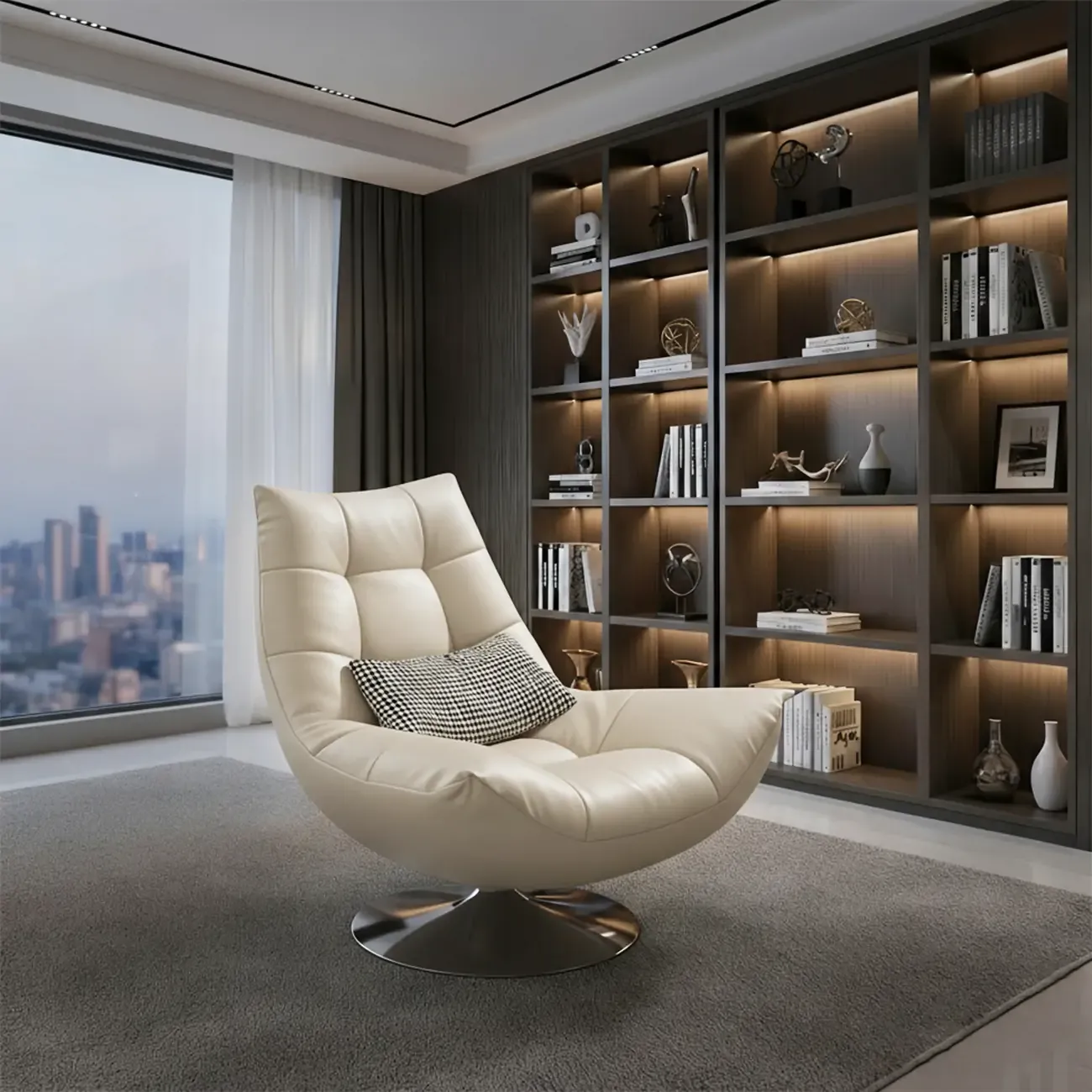 Black Swivel Tufted Leather Accent Chair Pillow Included Image - 3