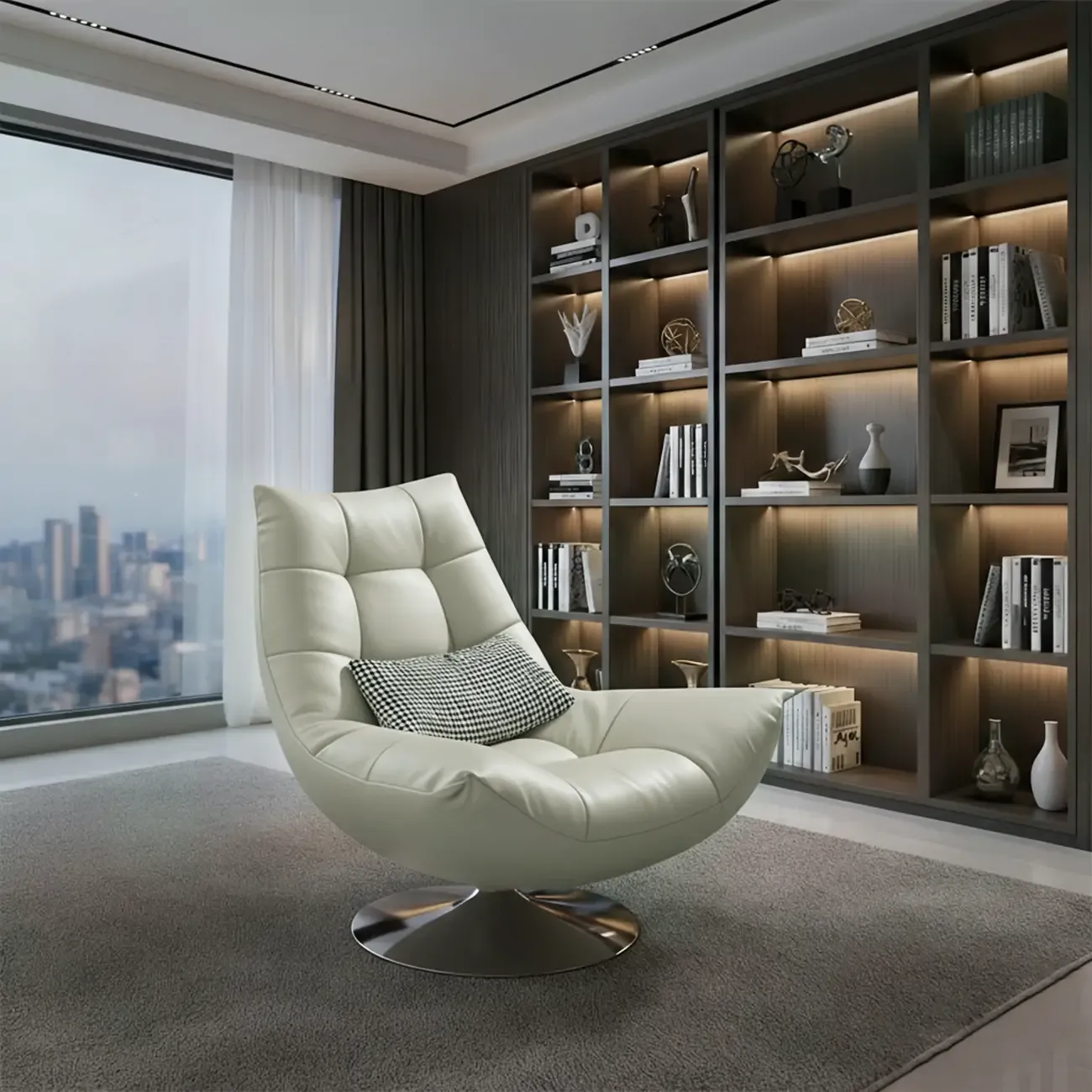 Black Swivel Tufted Leather Accent Chair Pillow Included Image - 8