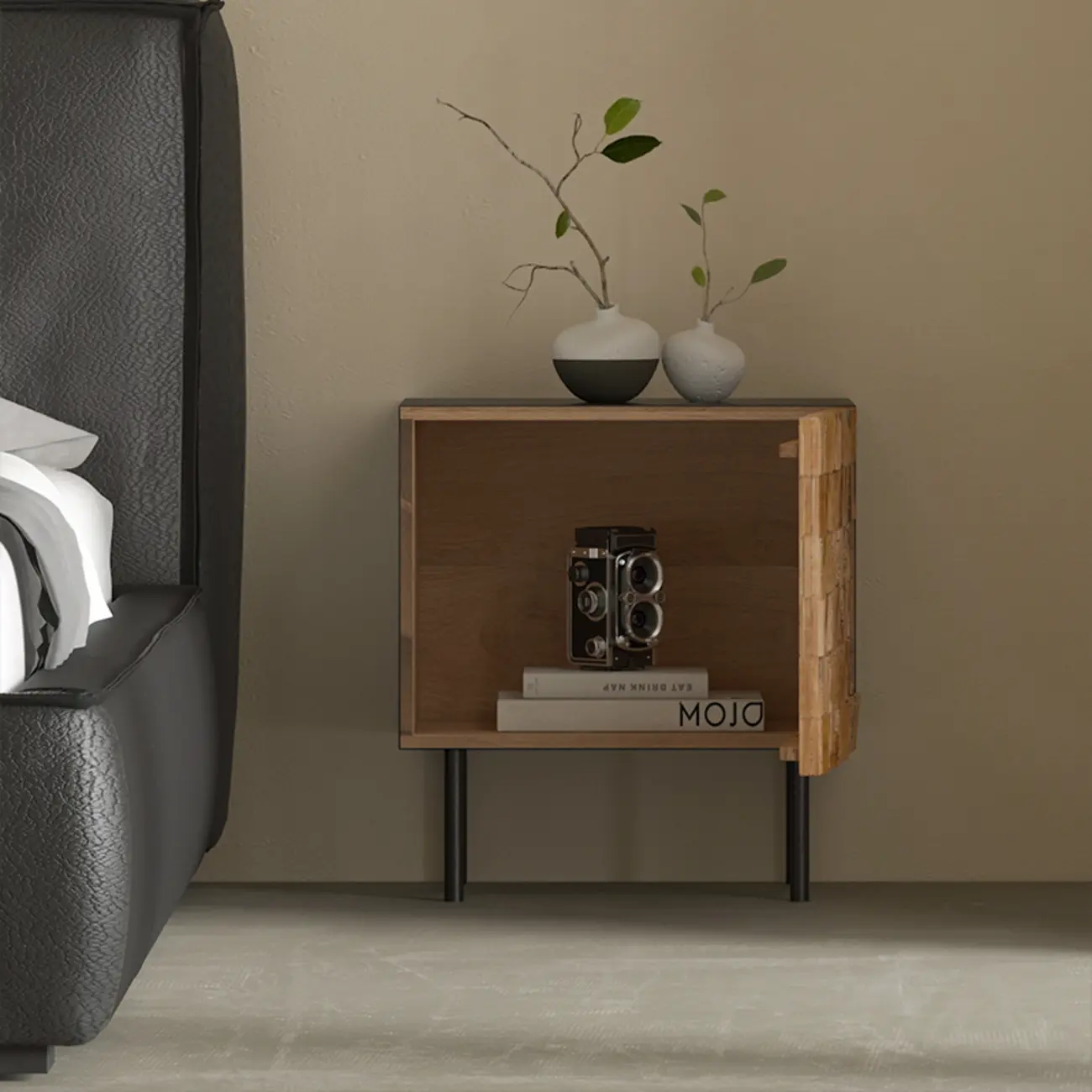 Medieval Style Wood Black Narrow Nightstand  Image - 2 | homeyfad