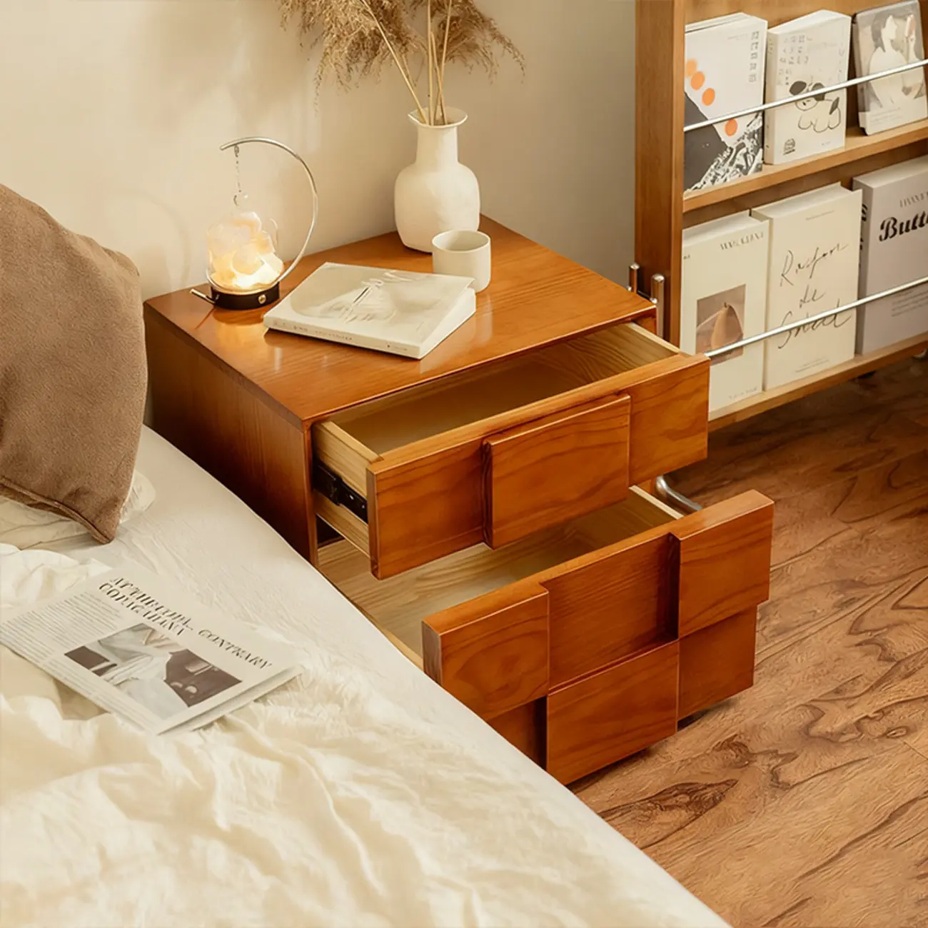 Medieval Wood Narrow Nightstand With 2 Drawers Image - 7 | homeyfad