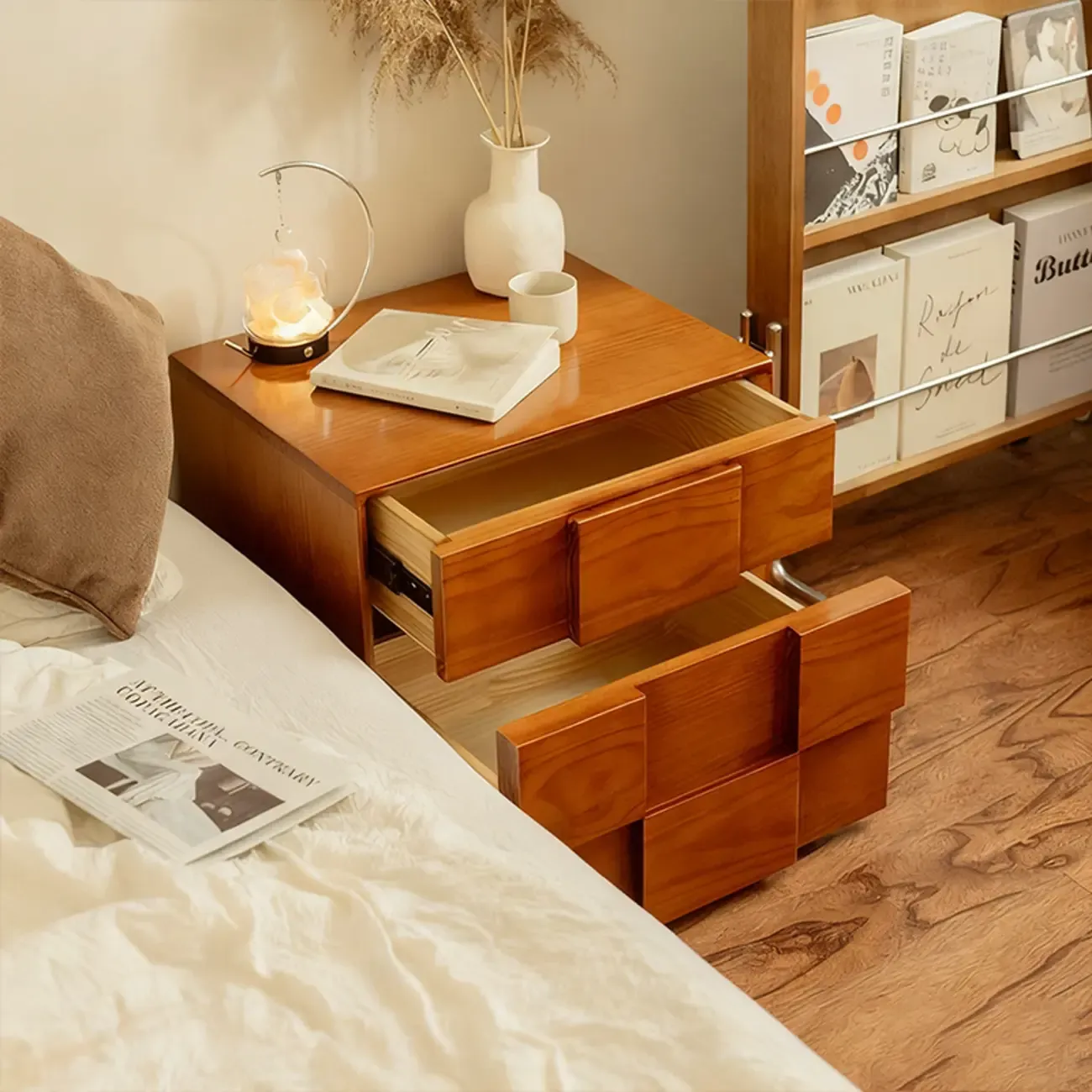 Medieval Wood Narrow Nightstand With 2 Drawers Image - 7