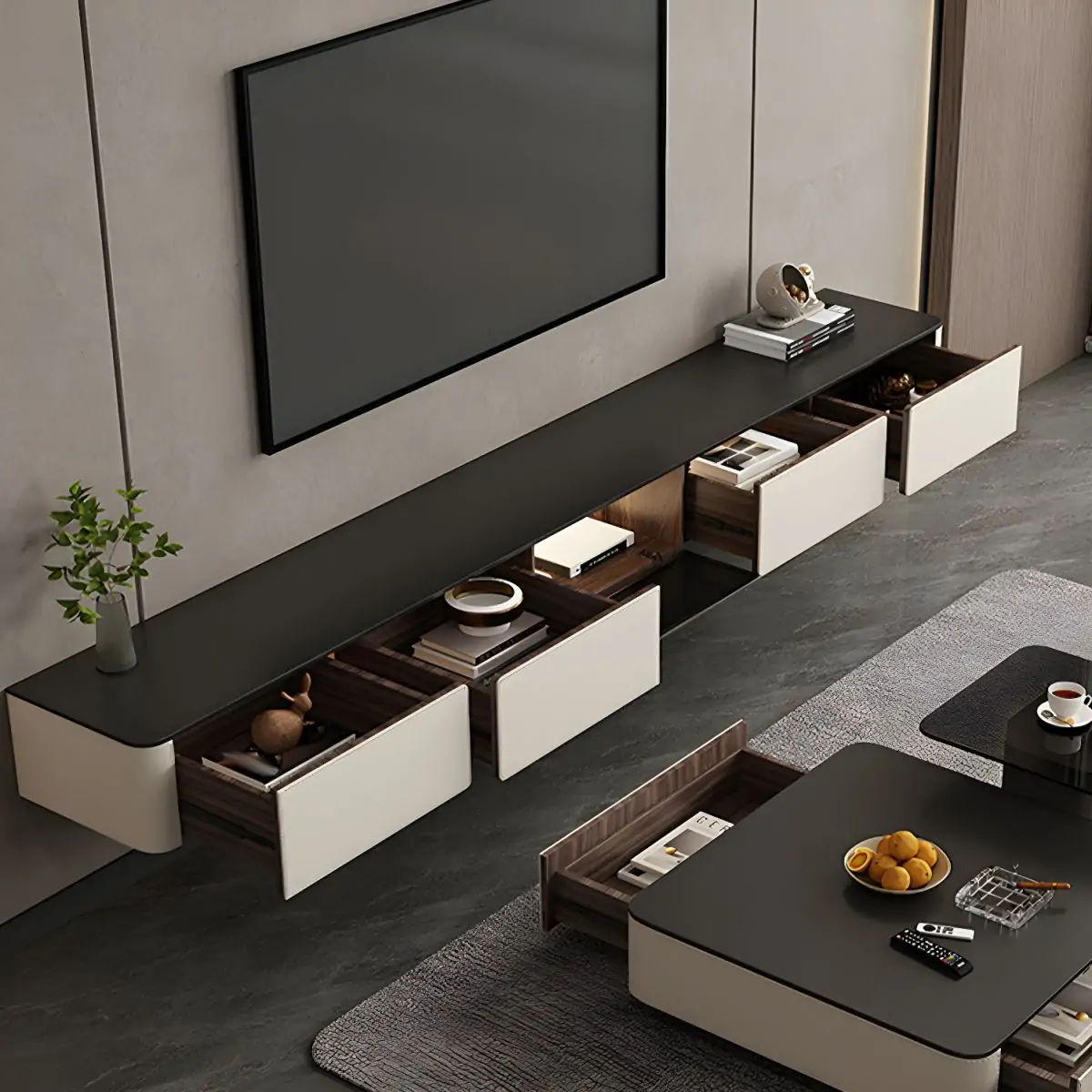 White Modern Stone Floating TV Stand with Cable Management Image - 2 | homeyfad